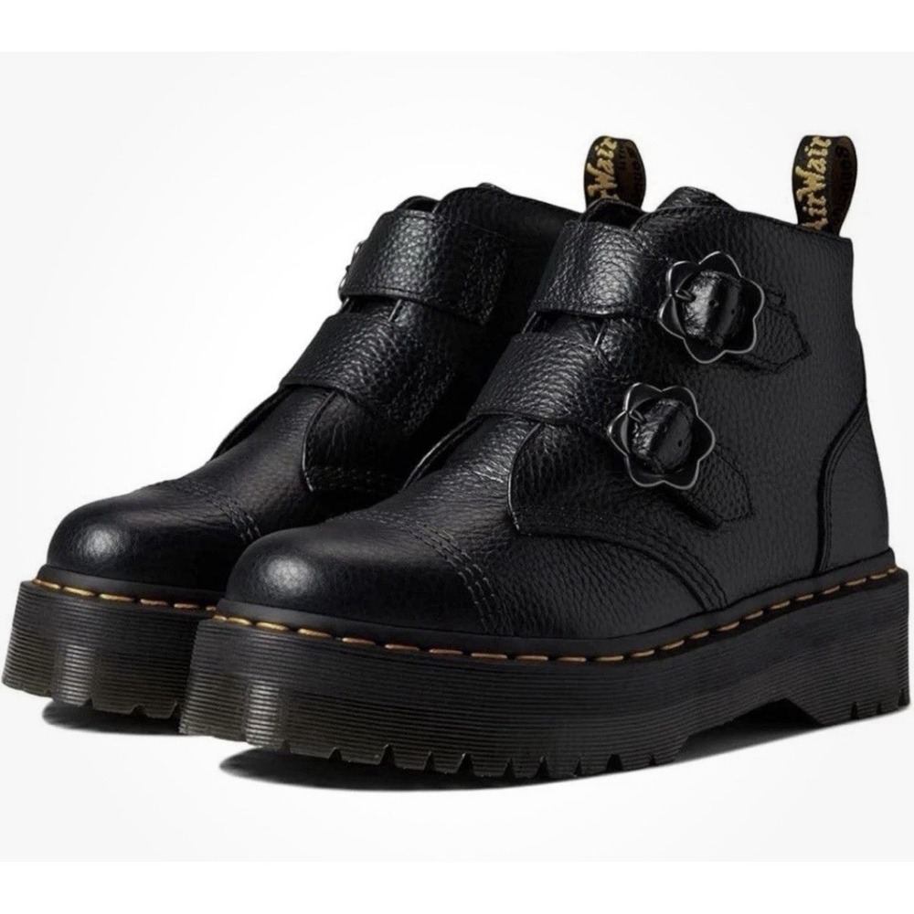 Dr Martens Devon Flower Buckle Black Leather Platform Ankle Boots Women's 8